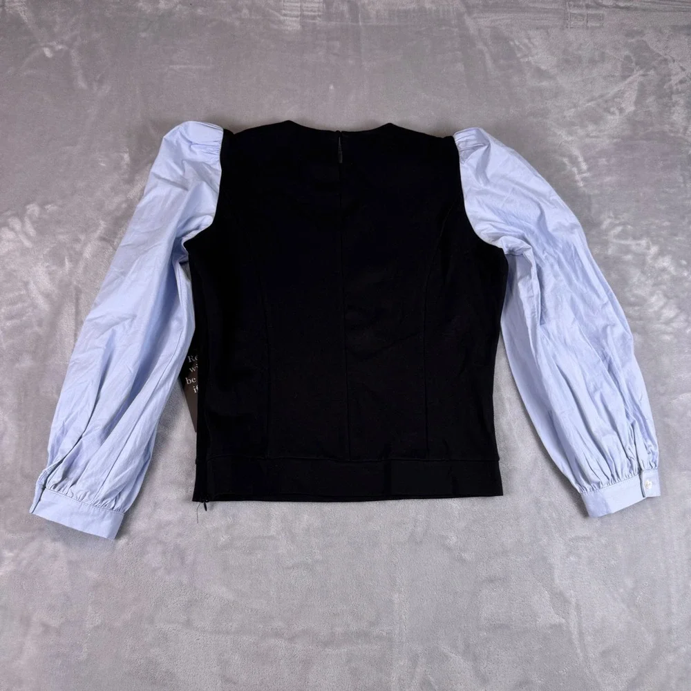 Tuckernuck Black Knit Light Blue Poplin Puff Sleeve Top Y24155T Womens‎ M NEW